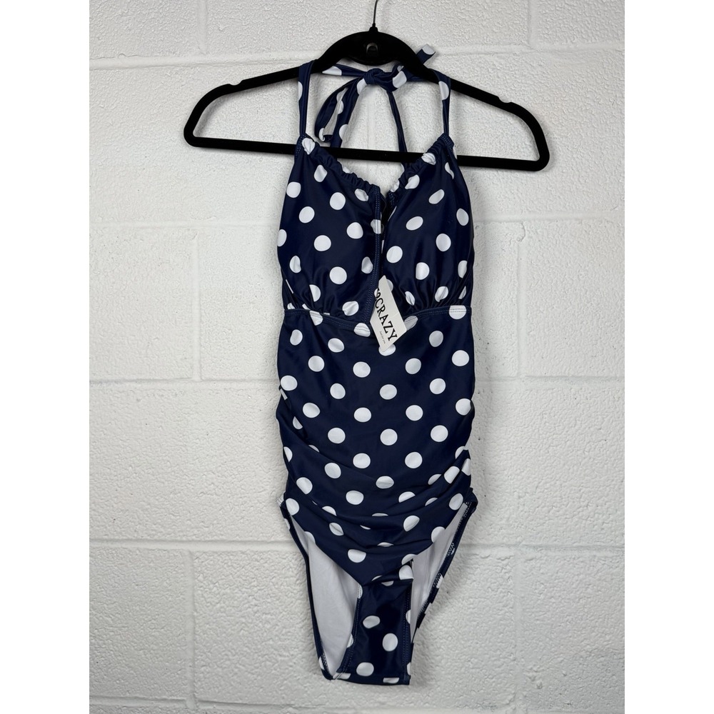 NWT Navy Polka Dot One Piece Swimsuit Halter Ruched Retro Rockabilly Pin Up S